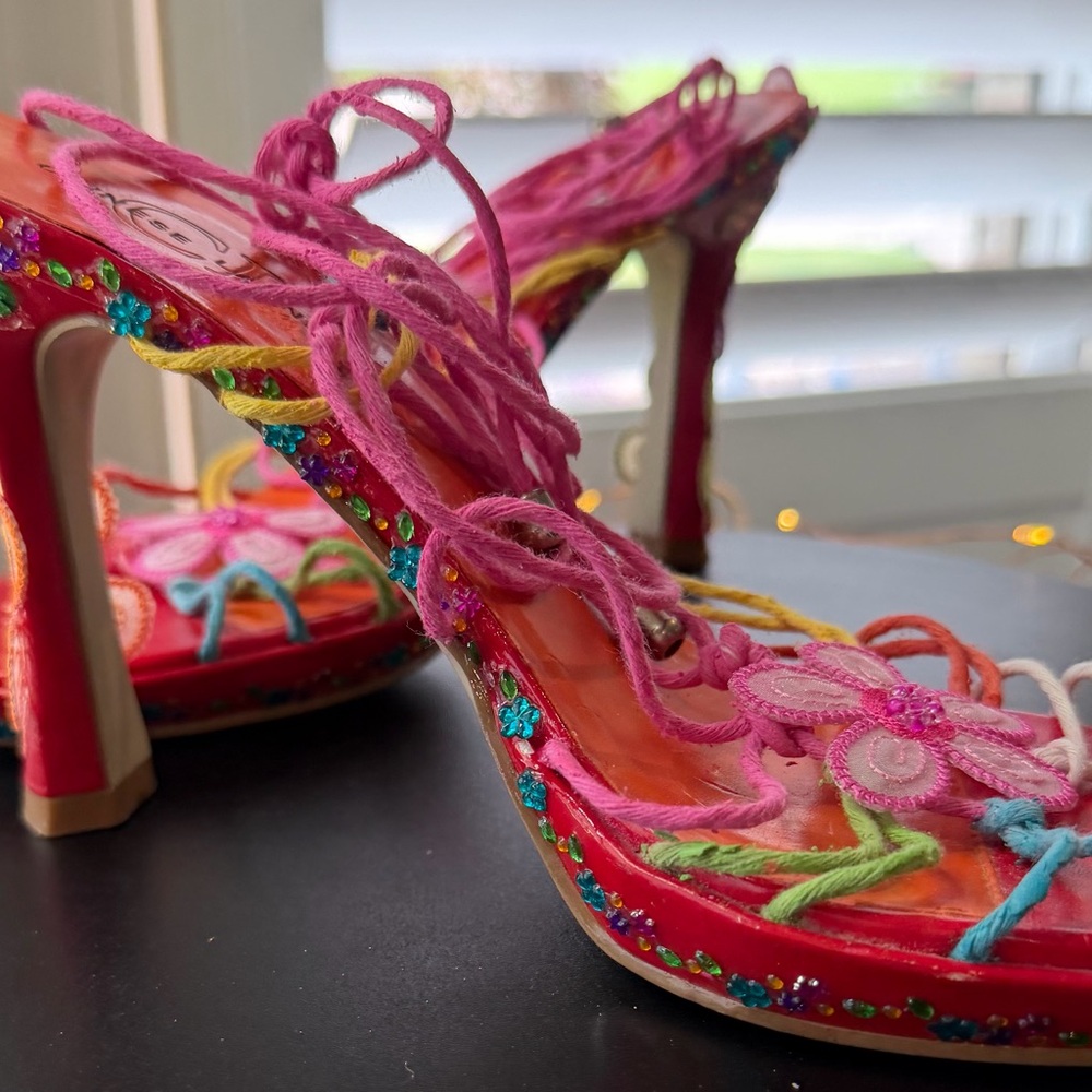 OOAK Bright Lights Strappy Rainbow Gladiator Statement Platform Heels, sz 8.5 - Picture 16 of 17